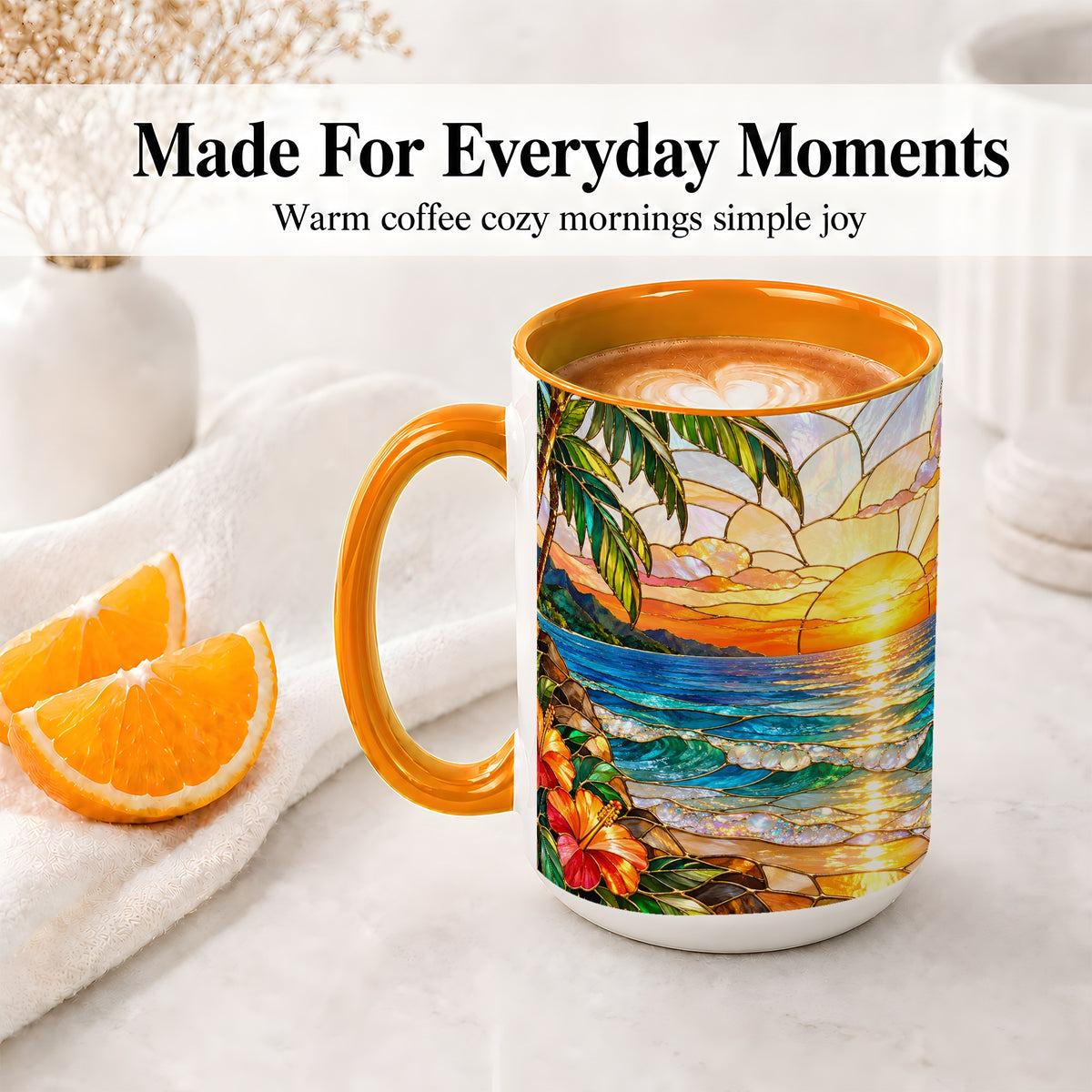 #pl[15oz|Orange] Stained Glass Style Beach Sunset Accent Mug, Ceramic Mug