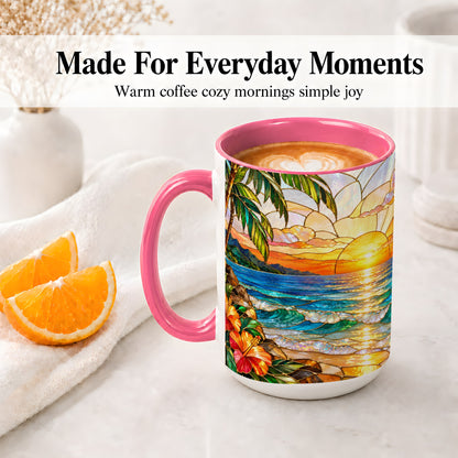 #pl[15oz|Pink] Stained Glass Style Beach Sunset Accent Mug, Ceramic Mug