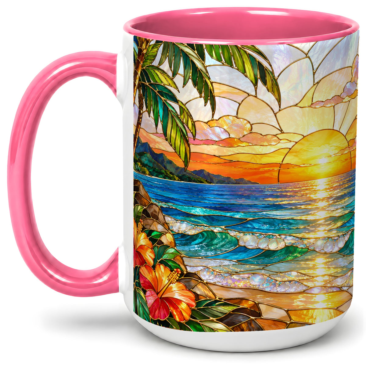 #pl[15oz|Pink] Stained Glass Style Beach Sunset Accent Mug, Ceramic Mug
