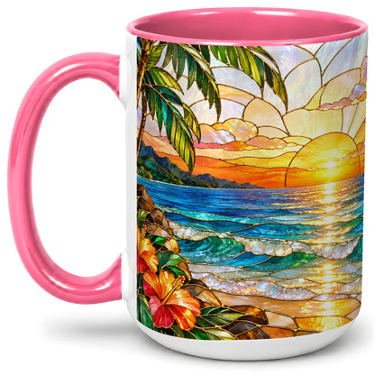 #pl[15oz|Pink] Stained Glass Style Beach Sunset Accent Mug, Ceramic Mug