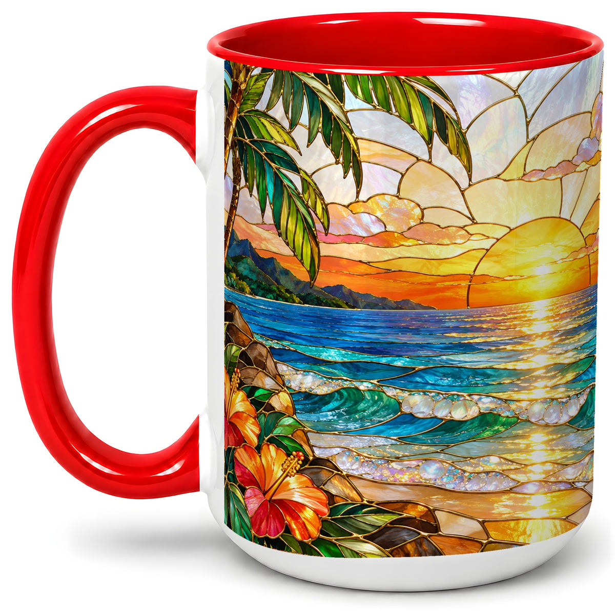 #pl[15oz|Red] Stained Glass Style Beach Sunset Accent Mug, Ceramic Mug
