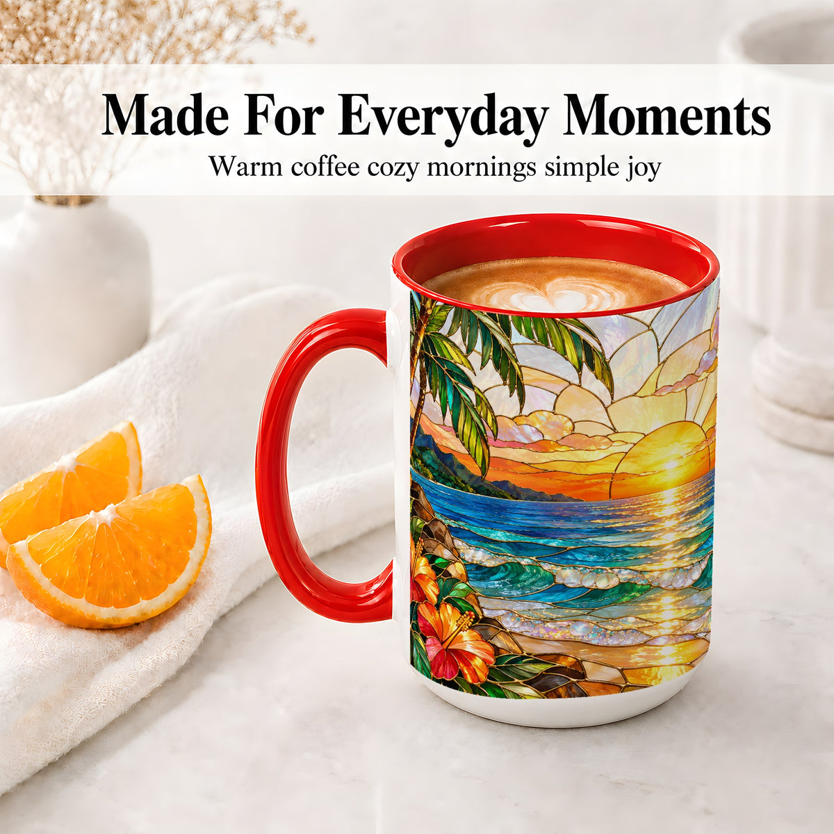 #pl[15oz|Red] Stained Glass Style Beach Sunset Accent Mug, Ceramic Mug