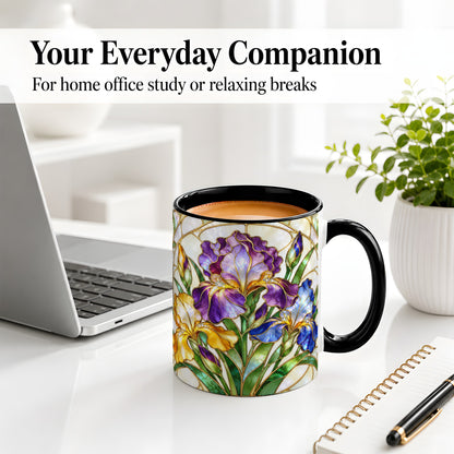 #pl[11oz|Black] Stained Glass Style Iris Accent Mug, Ceramic Mug with Floral Art