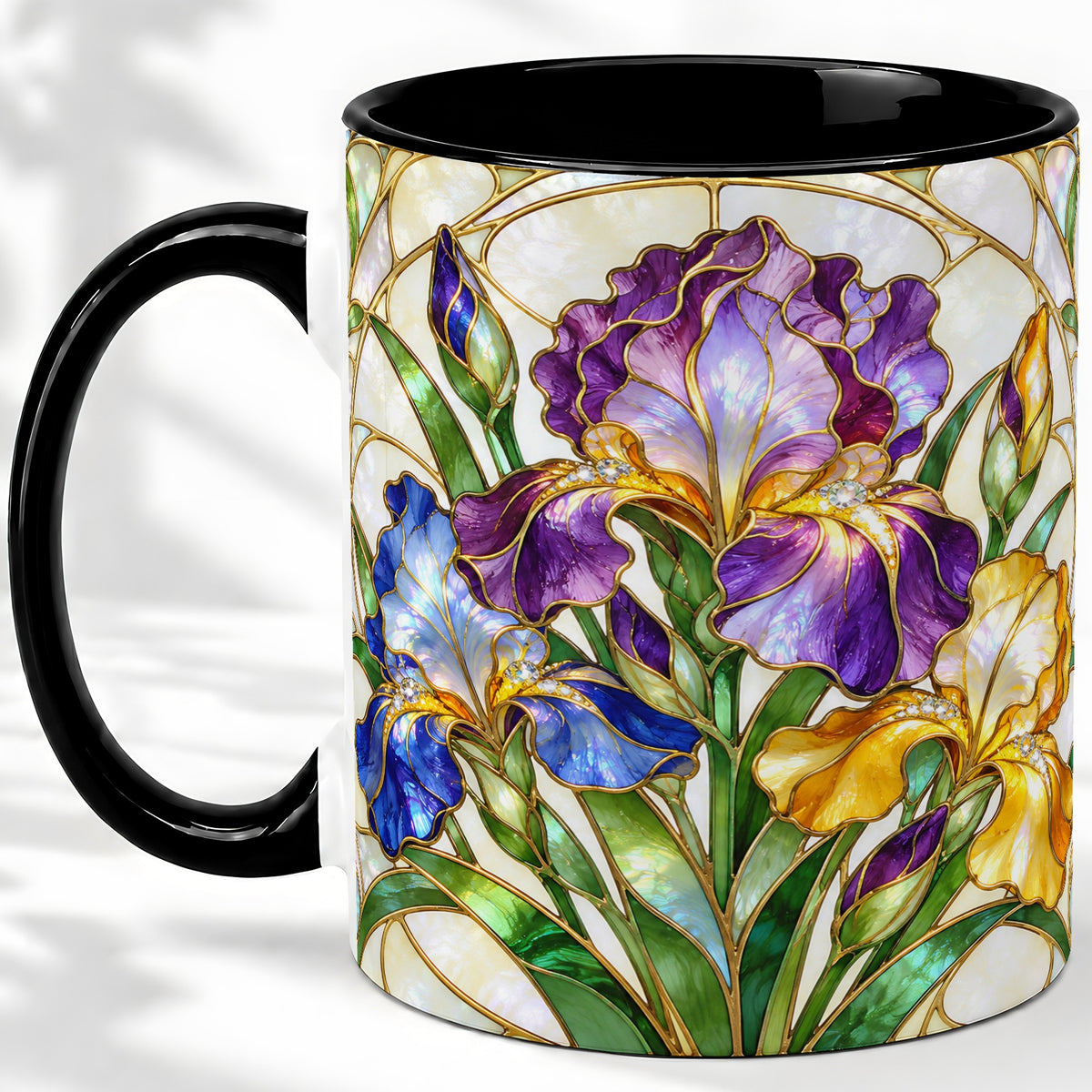 #pl[11oz|Black] Stained Glass Style Iris Accent Mug, Ceramic Mug with Floral Art