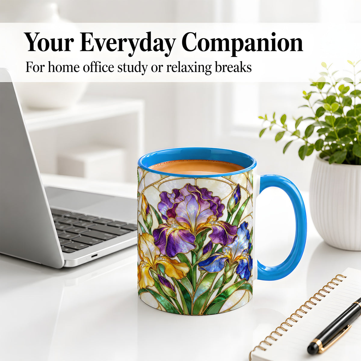 #pl[11oz|Blue] Stained Glass Style Iris Accent Mug, Ceramic Mug with Floral Art