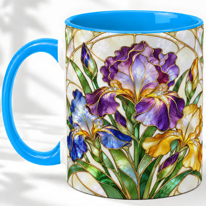 #pl[11oz|Blue] Stained Glass Style Iris Accent Mug, Ceramic Mug with Floral Art
