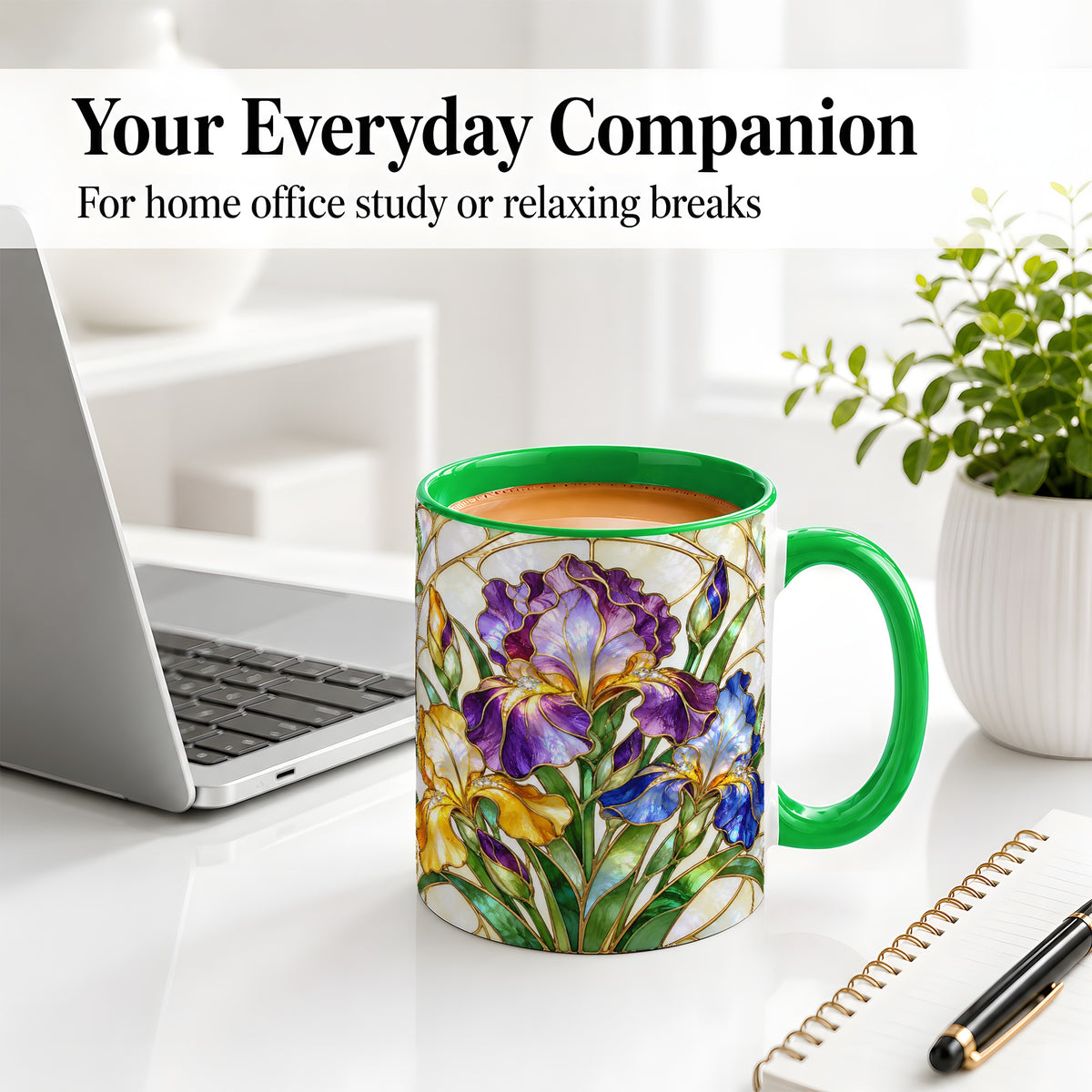 #pl[11oz|Green] Stained Glass Style Iris Accent Mug, Ceramic Mug with Floral Art