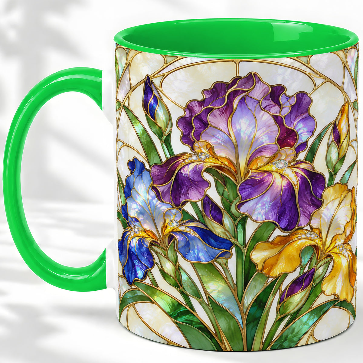 #pl[11oz|Green] Stained Glass Style Iris Accent Mug, Ceramic Mug with Floral Art