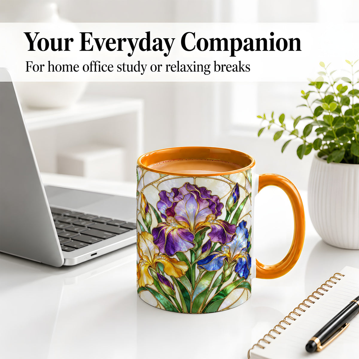 #pl[11oz|Orange] Stained Glass Style Iris Accent Mug, Ceramic Mug with Floral Art