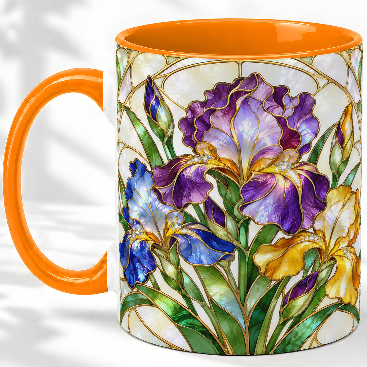 #pl[11oz|Orange] Stained Glass Style Iris Accent Mug, Ceramic Mug with Floral Art