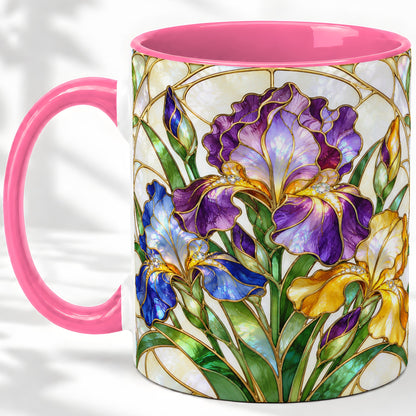 #pl[11oz|Pink] Stained Glass Style Iris Accent Mug, Ceramic Mug with Floral Art