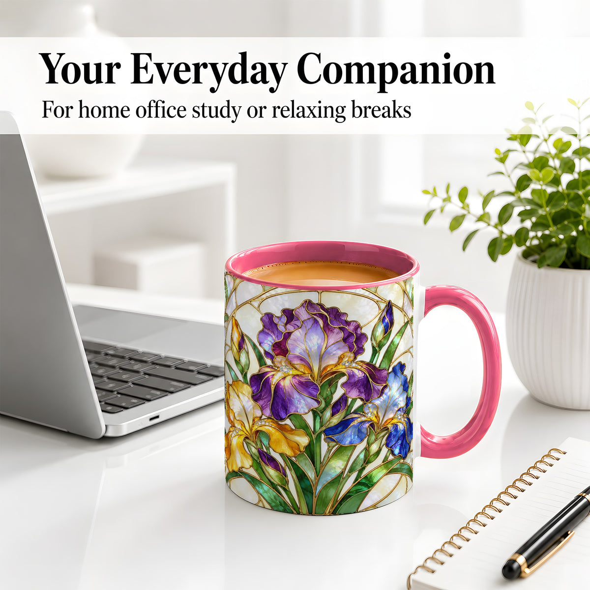 #pl[11oz|Pink] Stained Glass Style Iris Accent Mug, Ceramic Mug with Floral Art