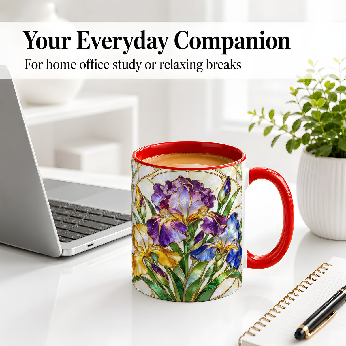 #pl[11oz|Red] Stained Glass Style Iris Accent Mug, Ceramic Mug with Floral Art