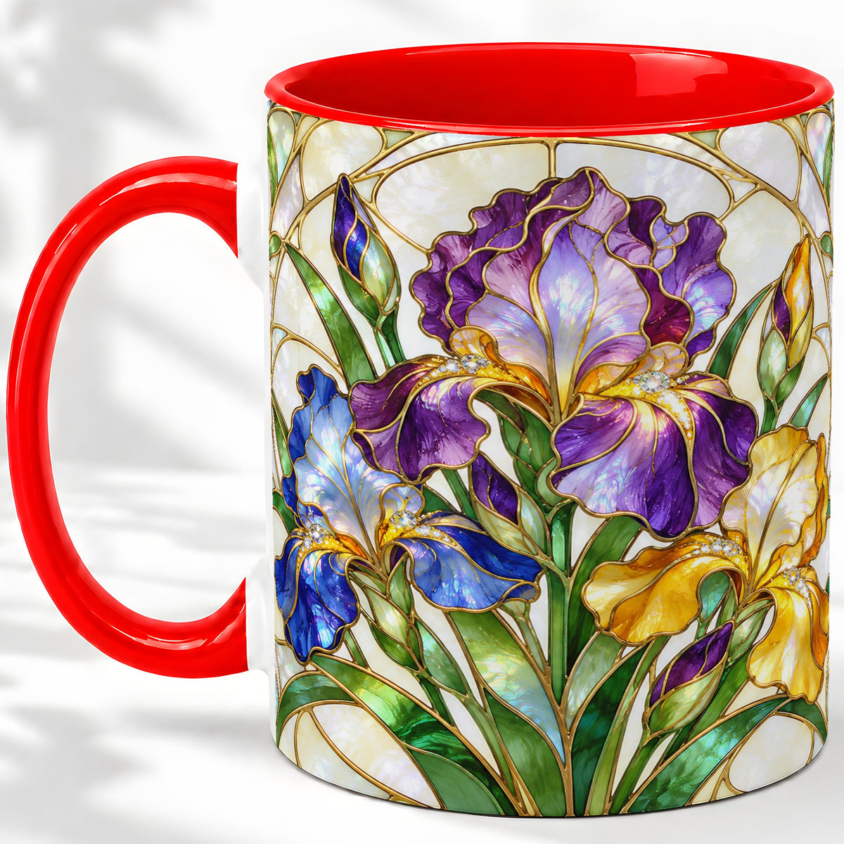 Stained Glass Style Iris Accent Mug, Ceramic Mug with Floral Art