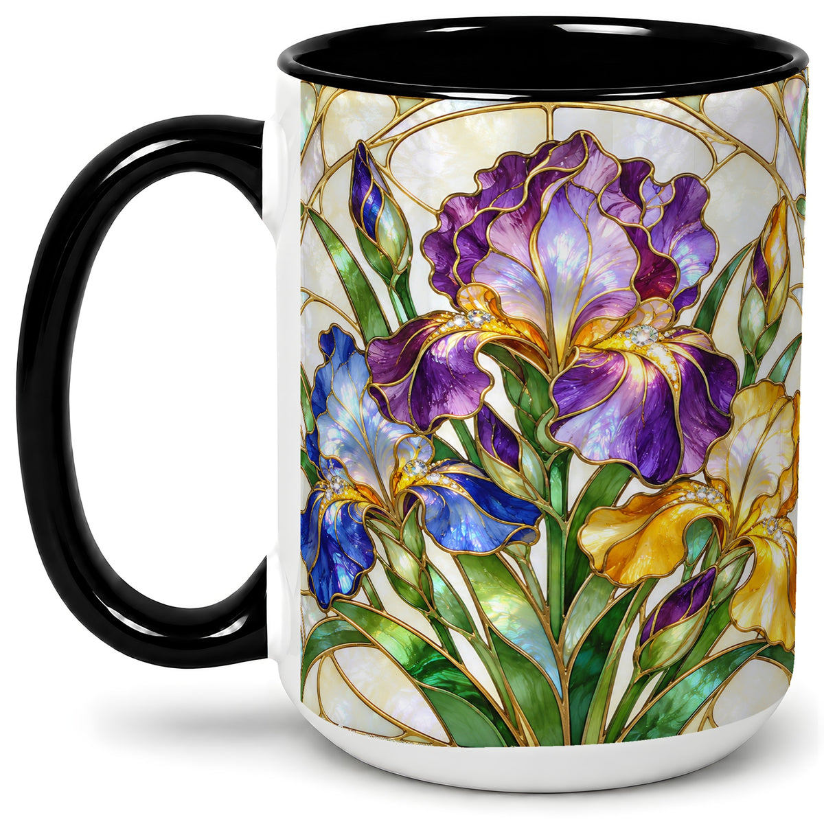 #pl[15oz|Black] Stained Glass Style Iris Accent Mug, Ceramic Mug with Floral Art