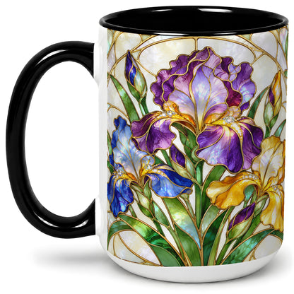 #pl[15oz|Black] Stained Glass Style Iris Accent Mug, Ceramic Mug with Floral Art