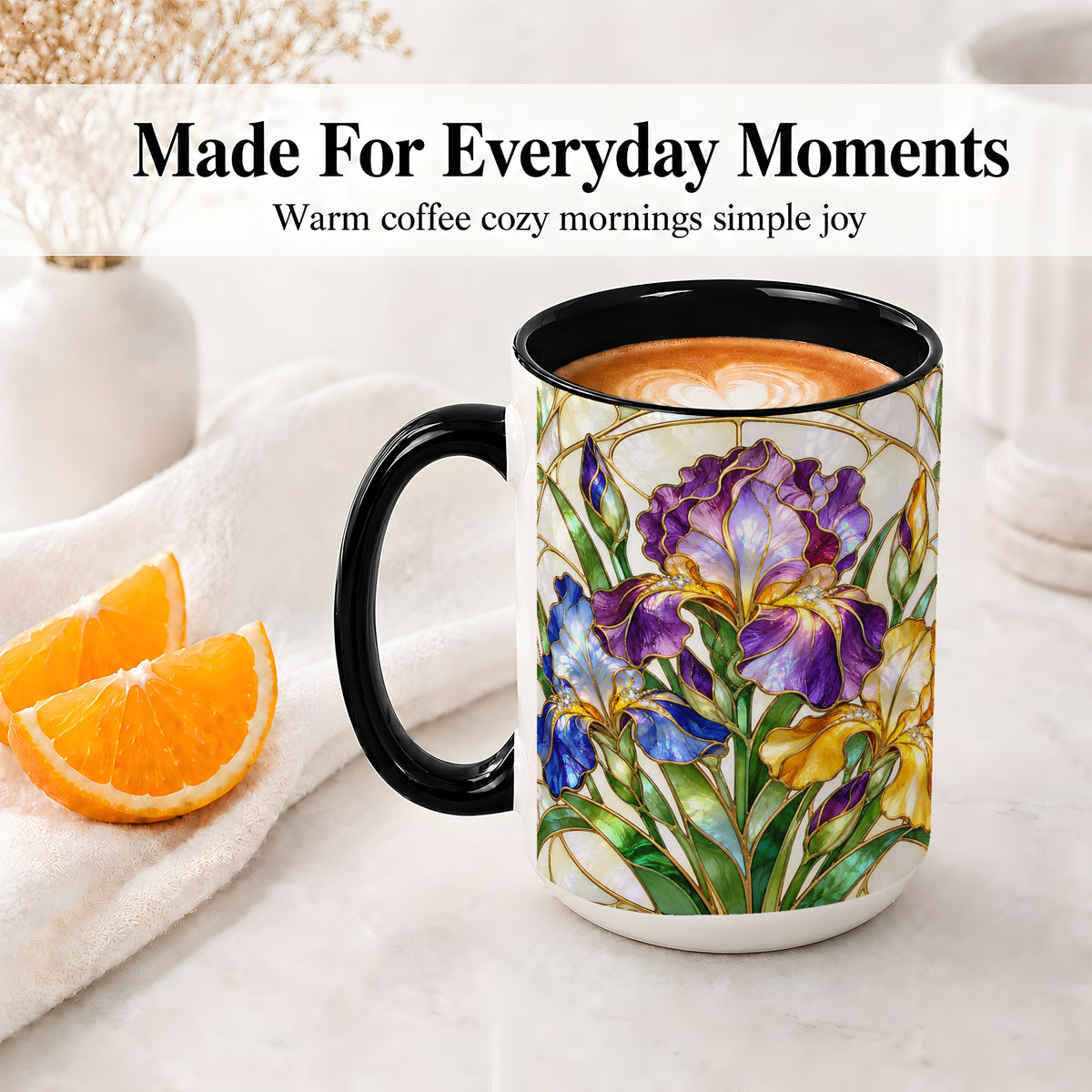 #pl[15oz|Black] Stained Glass Style Iris Accent Mug, Ceramic Mug with Floral Art