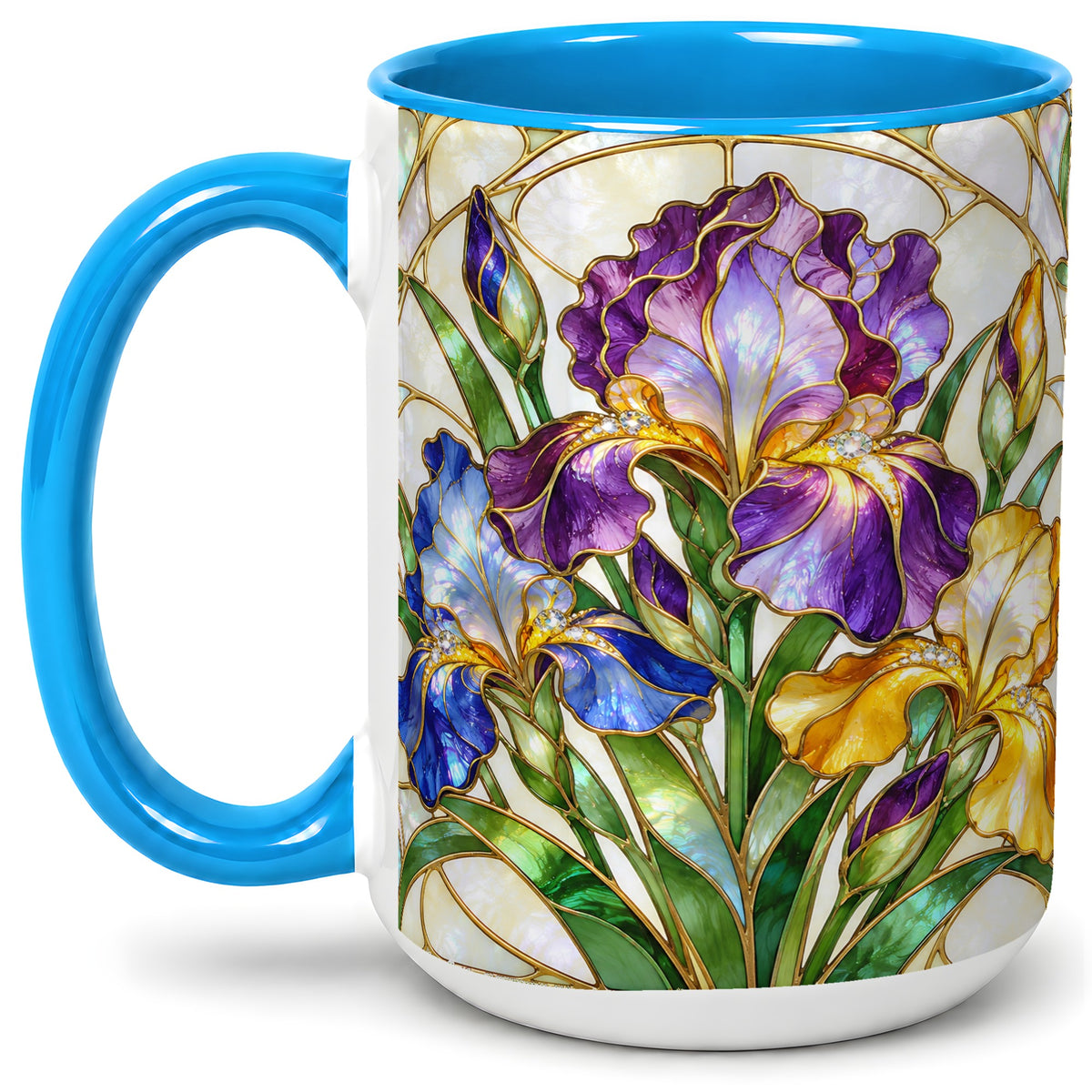 #pl[15oz|Blue] Stained Glass Style Iris Accent Mug, Ceramic Mug with Floral Art