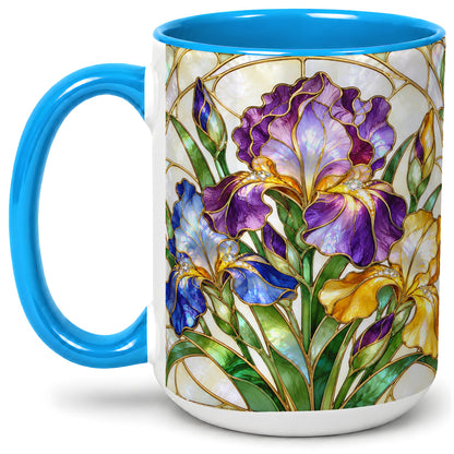 #pl[15oz|Blue] Stained Glass Style Iris Accent Mug, Ceramic Mug with Floral Art