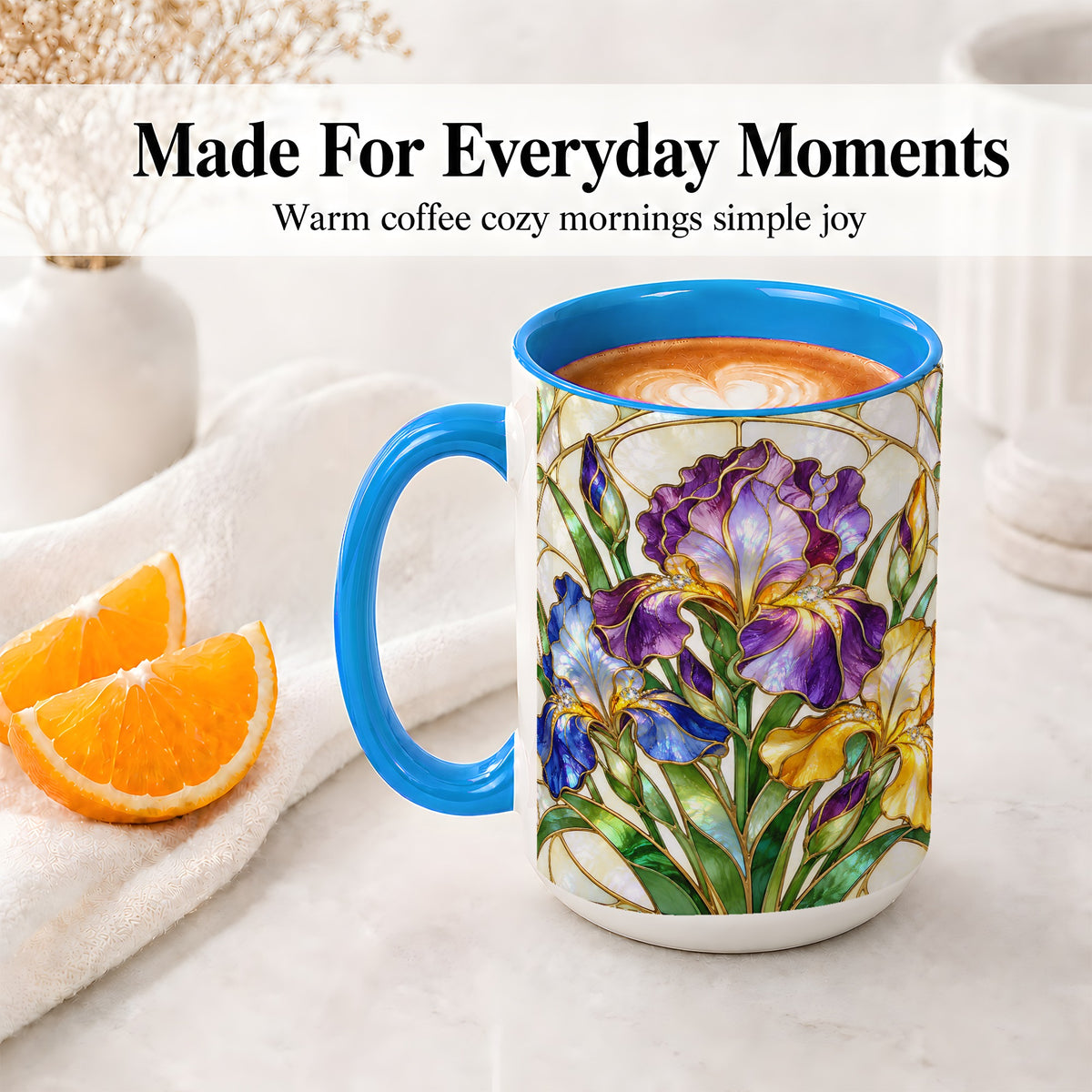 #pl[15oz|Blue] Stained Glass Style Iris Accent Mug, Ceramic Mug with Floral Art