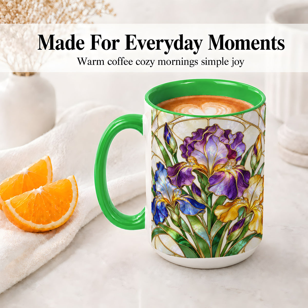 #pl[15oz|Green] Stained Glass Style Iris Accent Mug, Ceramic Mug with Floral Art