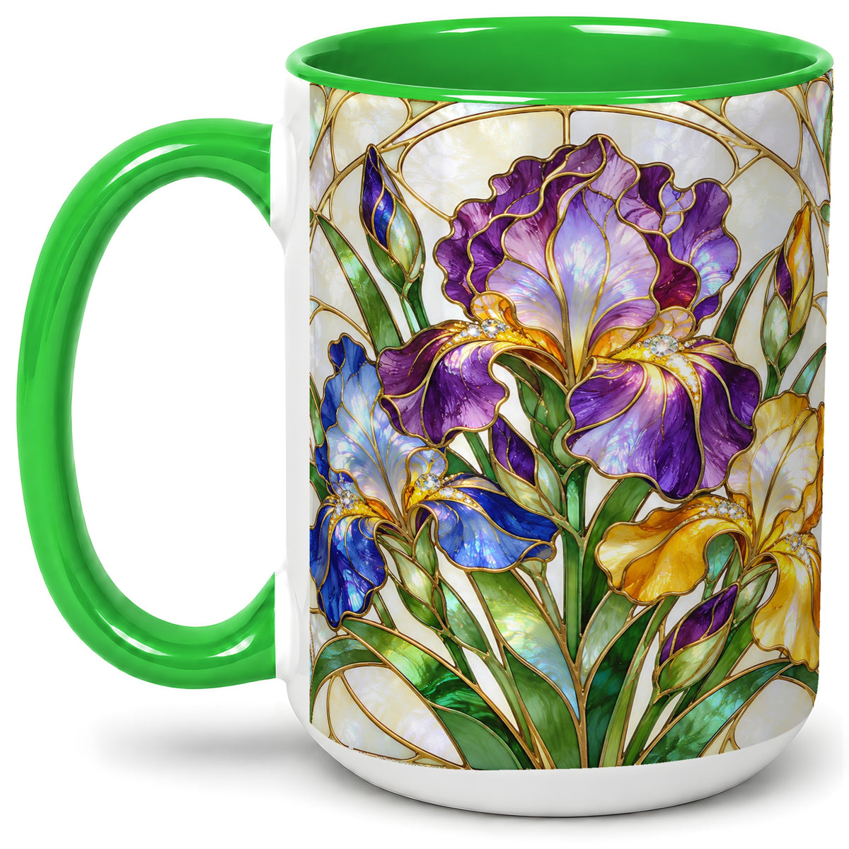 #pl[15oz|Green] Stained Glass Style Iris Accent Mug, Ceramic Mug with Floral Art
