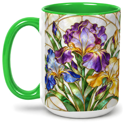 #pl[15oz|Green] Stained Glass Style Iris Accent Mug, Ceramic Mug with Floral Art