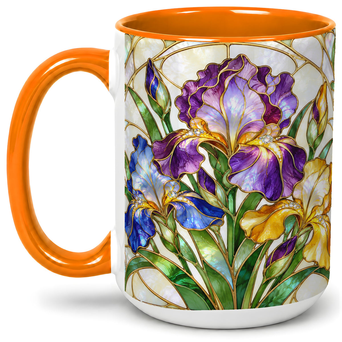 #pl[15oz|Orange] Stained Glass Style Iris Accent Mug, Ceramic Mug with Floral Art