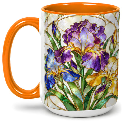 #pl[15oz|Orange] Stained Glass Style Iris Accent Mug, Ceramic Mug with Floral Art