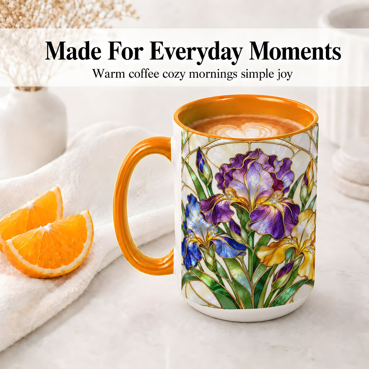 #pl[15oz|Orange] Stained Glass Style Iris Accent Mug, Ceramic Mug with Floral Art