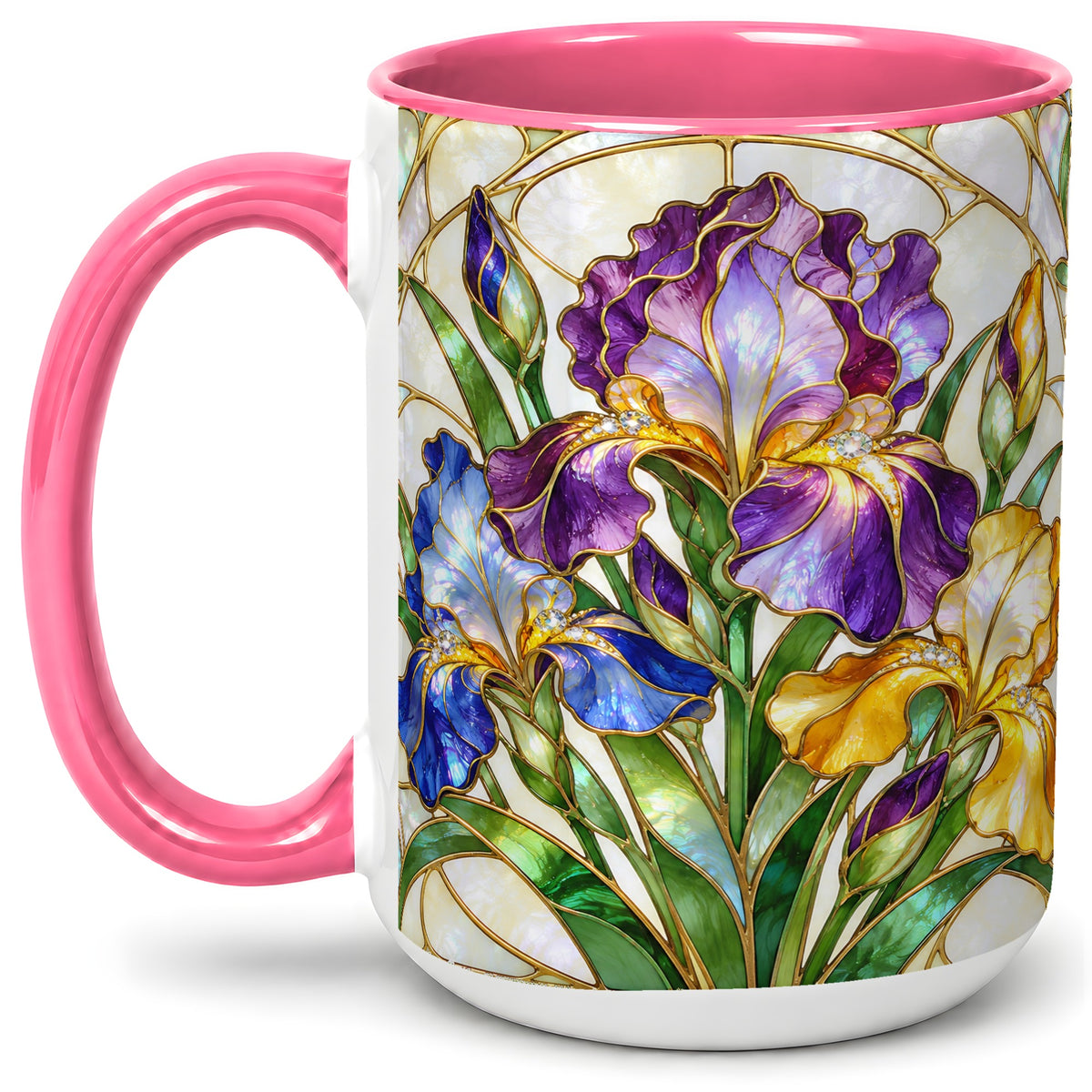 #pl[15oz|Pink] Stained Glass Style Iris Accent Mug, Ceramic Mug with Floral Art
