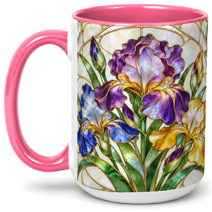 #pl[15oz|Pink] Stained Glass Style Iris Accent Mug, Ceramic Mug with Floral Art