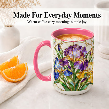 #pl[15oz|Pink] Stained Glass Style Iris Accent Mug, Ceramic Mug with Floral Art