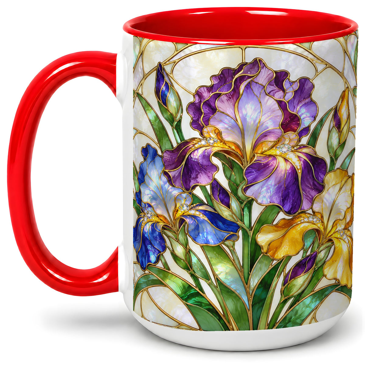 #pl[15oz|Red] Stained Glass Style Iris Accent Mug, Ceramic Mug with Floral Art