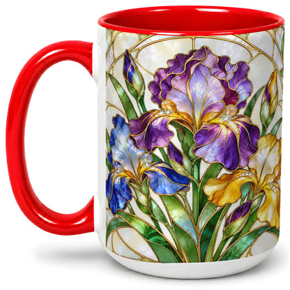 #pl[15oz|Red] Stained Glass Style Iris Accent Mug, Ceramic Mug with Floral Art