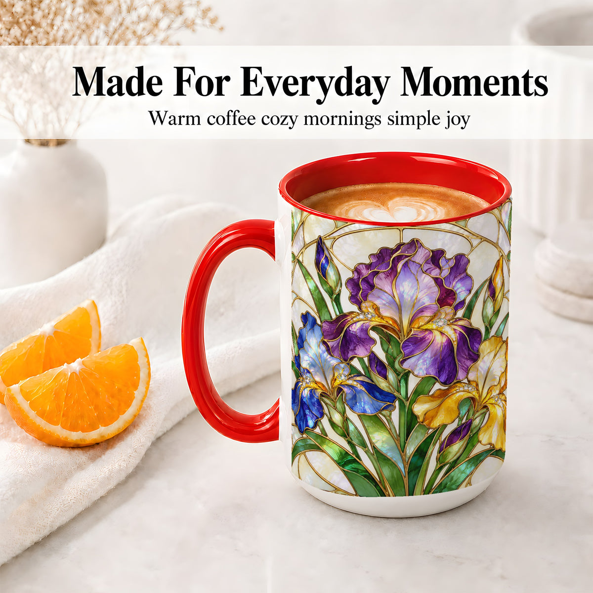 #pl[15oz|Red] Stained Glass Style Iris Accent Mug, Ceramic Mug with Floral Art