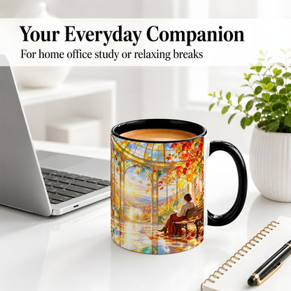 #pl[11oz|Black] Autumn Reading Scene Accent Mug, Ceramic Mug with Fall Artwork