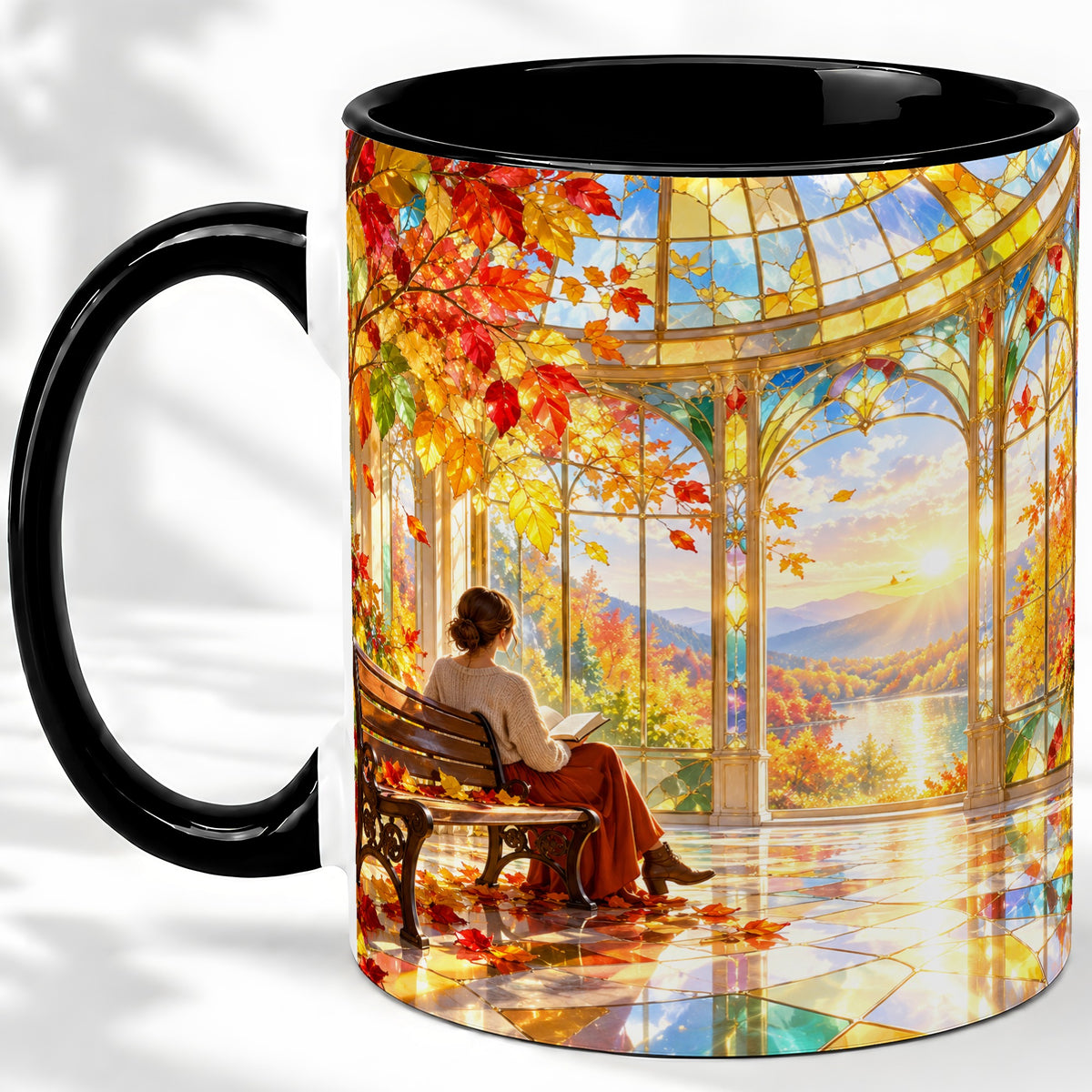 #pl[11oz|Black] Autumn Reading Scene Accent Mug, Ceramic Mug with Fall Artwork