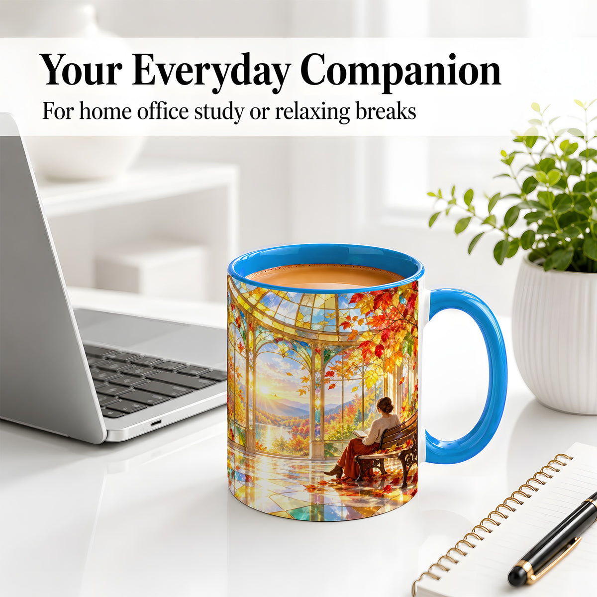 #pl[11oz|Blue] Autumn Reading Scene Accent Mug, Ceramic Mug with Fall Artwork