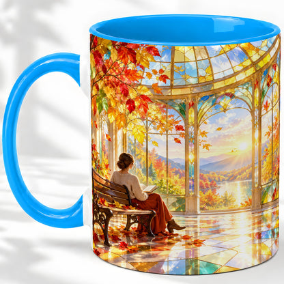 #pl[11oz|Blue] Autumn Reading Scene Accent Mug, Ceramic Mug with Fall Artwork