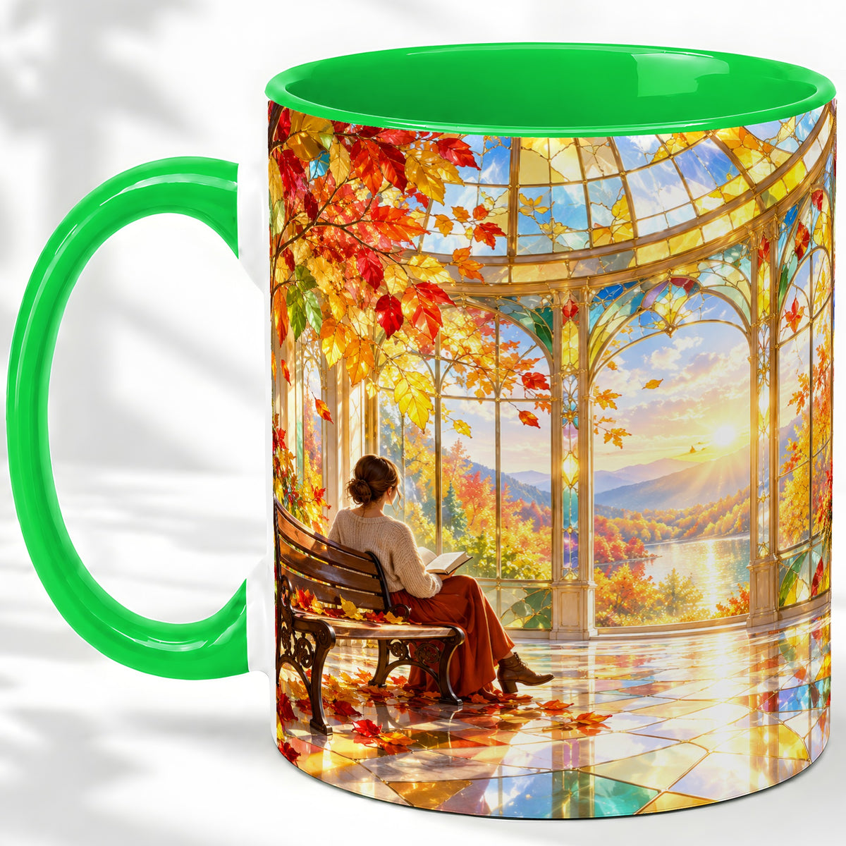 #pl[11oz|Green] Autumn Reading Scene Accent Mug, Ceramic Mug with Fall Artwork