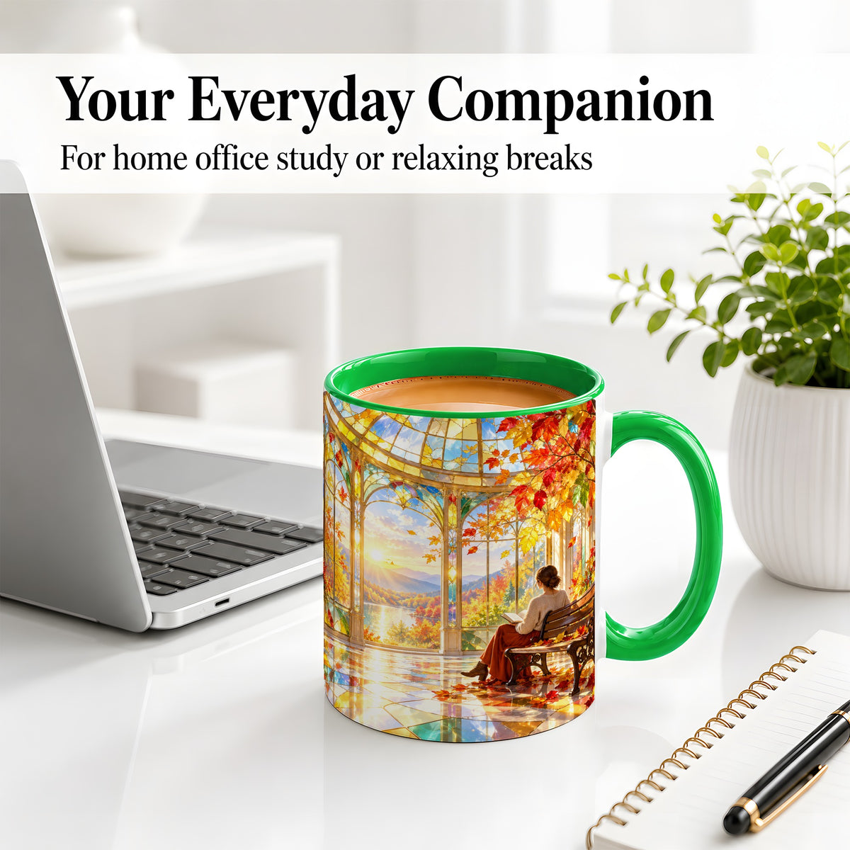 #pl[11oz|Green] Autumn Reading Scene Accent Mug, Ceramic Mug with Fall Artwork