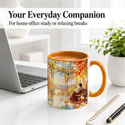 #pl[11oz|Orange] Autumn Reading Scene Accent Mug, Ceramic Mug with Fall Artwork