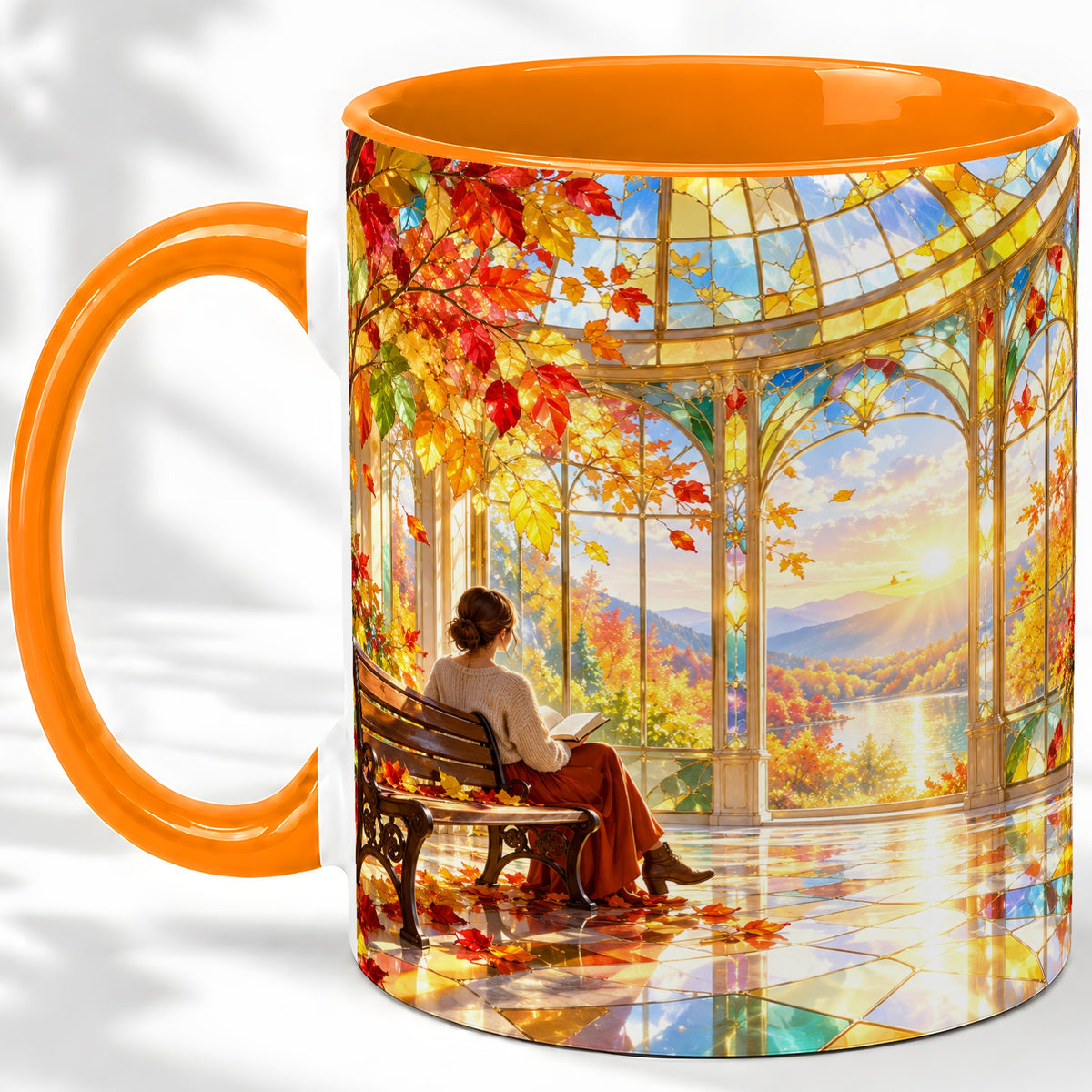 #pl[11oz|Orange] Autumn Reading Scene Accent Mug, Ceramic Mug with Fall Artwork