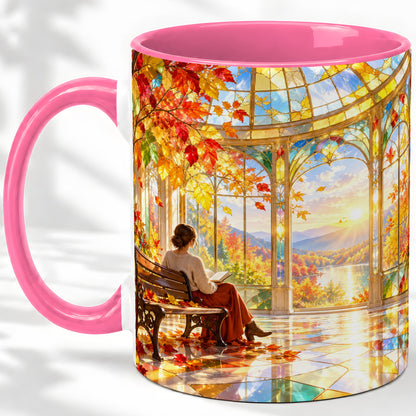 #pl[11oz|Pink] Autumn Reading Scene Accent Mug, Ceramic Mug with Fall Artwork