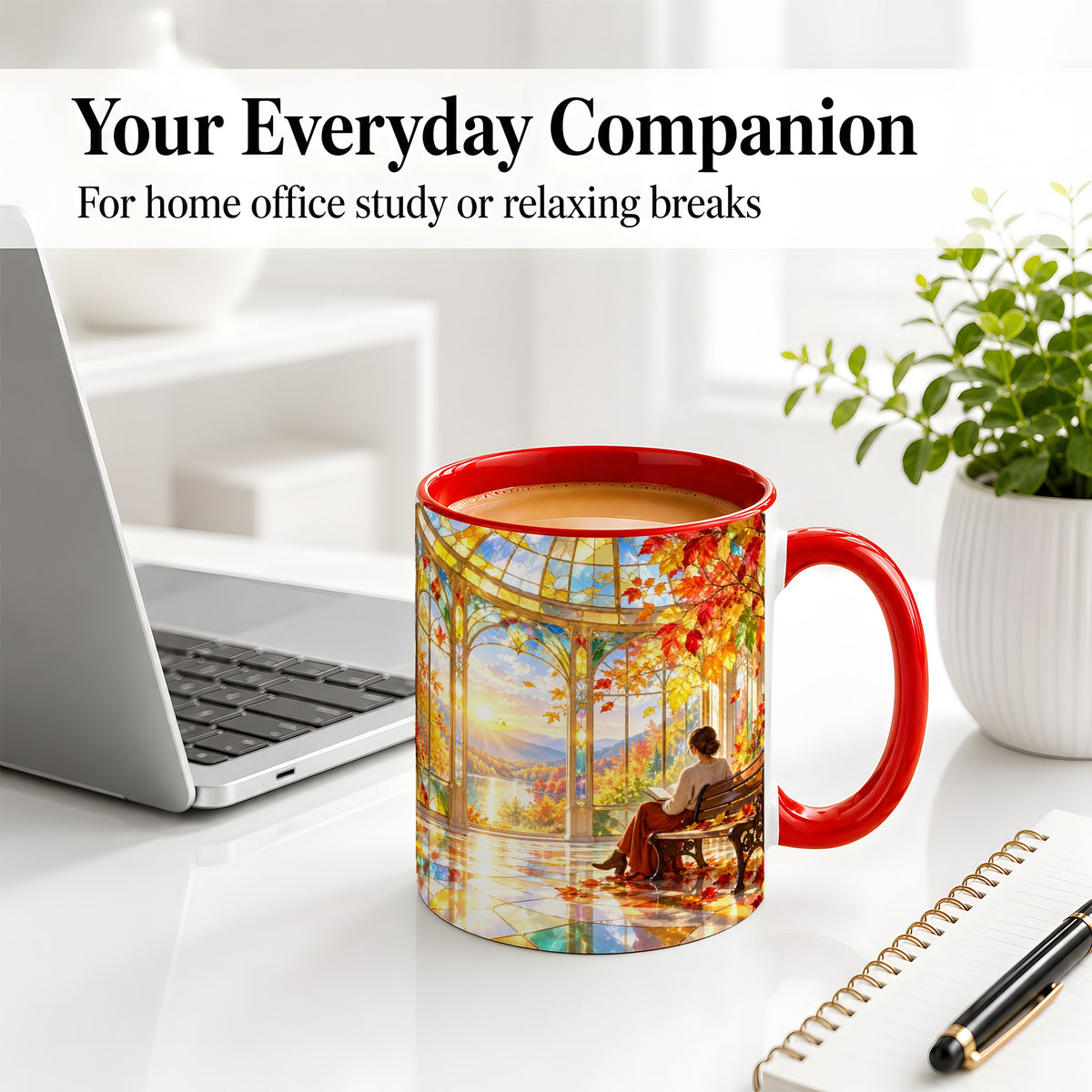 #pl[11oz|Red] Autumn Reading Scene Accent Mug, Ceramic Mug with Fall Artwork