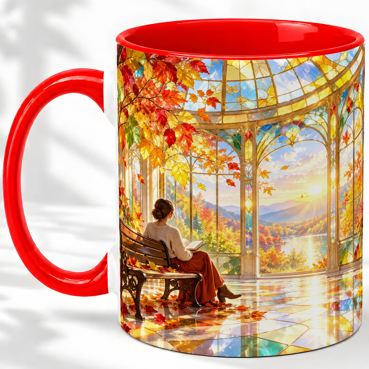 Autumn Reading Scene Accent Mug, Ceramic Mug with Fall Artwork
