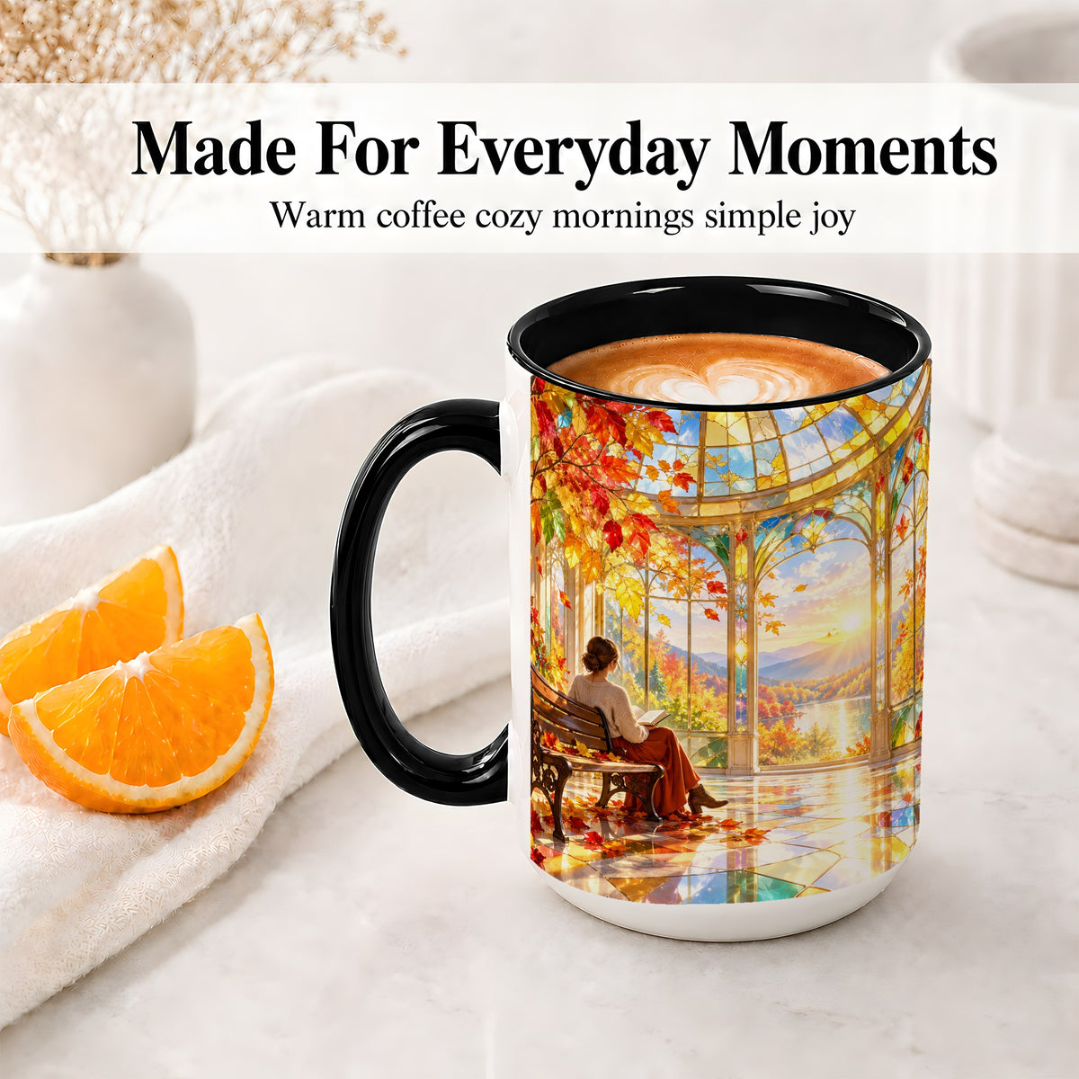 #pl[15oz|Black] Autumn Reading Scene Accent Mug, Ceramic Mug with Fall Artwork