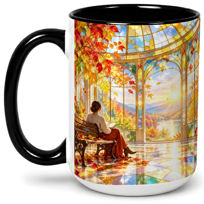 #pl[15oz|Black] Autumn Reading Scene Accent Mug, Ceramic Mug with Fall Artwork