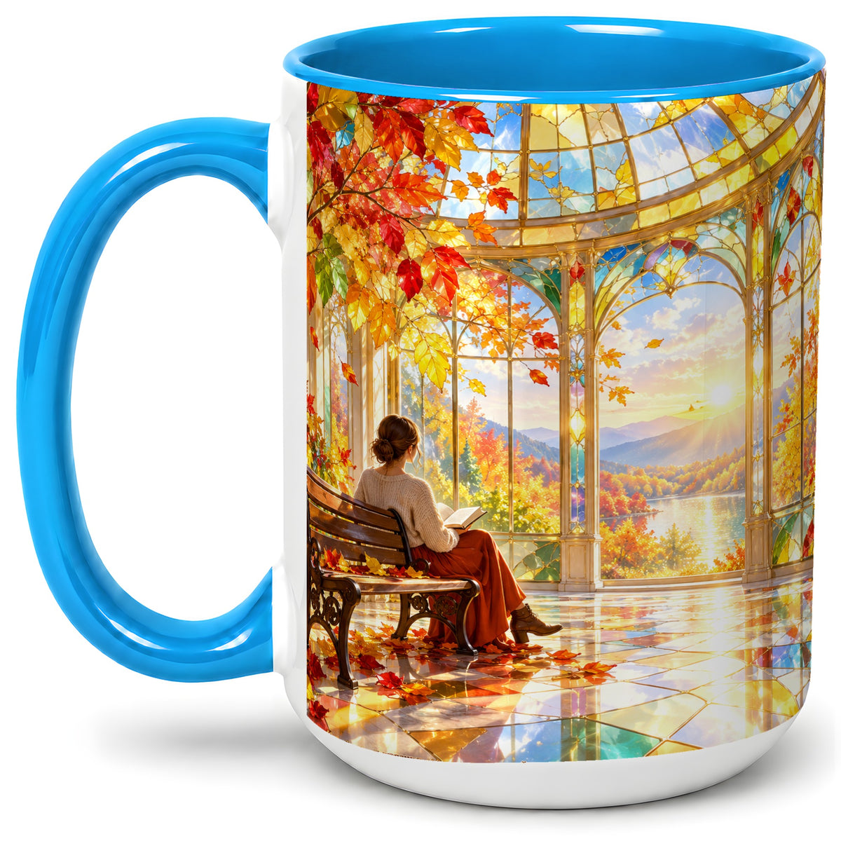 #pl[15oz|Blue] Autumn Reading Scene Accent Mug, Ceramic Mug with Fall Artwork